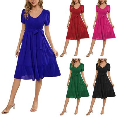 Women's Fashionable V-Neck Short Sleeved Slim Fit Large Hem Patchwork Cake Dress Casual Dress