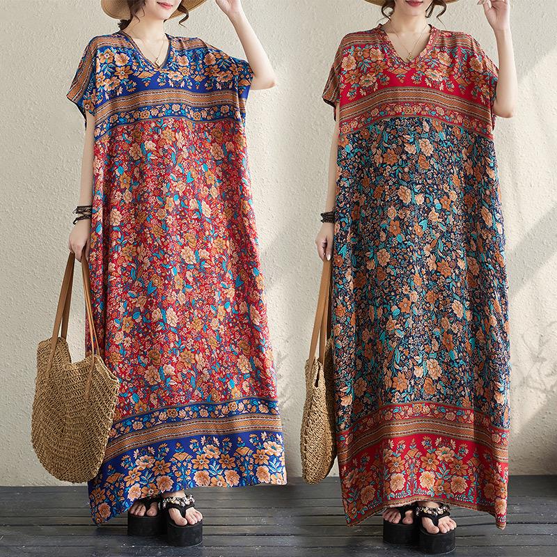 

2024 Summer Plus Size V-Neck Loose Mid-Length Beach Dress in Cotton Linen Plus Size Free Size синій/квітковий