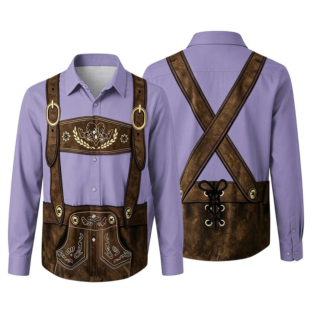 Camicia da uomo per l'Oktoberfest con stampa 3D, vestibilità larga, manica lunga, colletto, casual, stile vintage, traspirante, per lavoro, festival all'aperto, festa