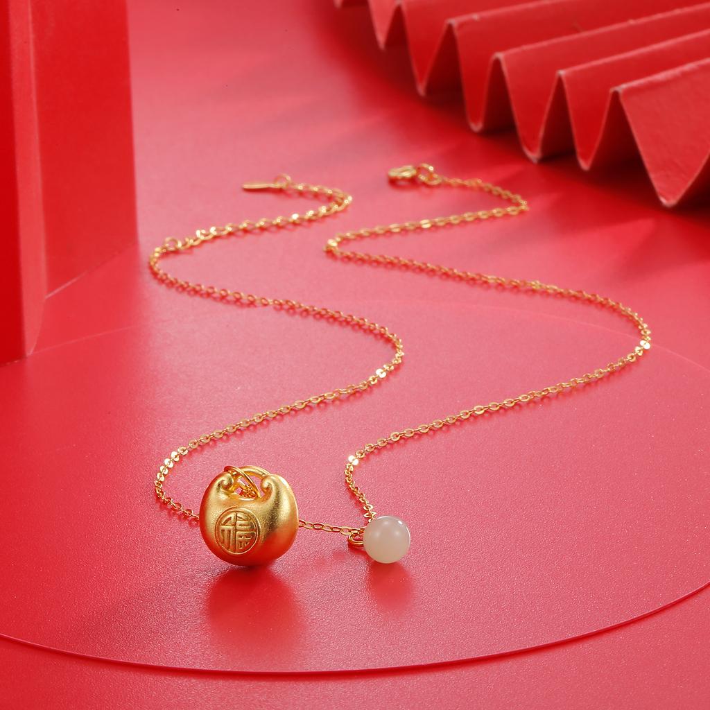 S925 silver Hetian jade pendant, national tide style lucky bag necklace, women's niche lucky character collarbone chain, light luxury high-end jewelry