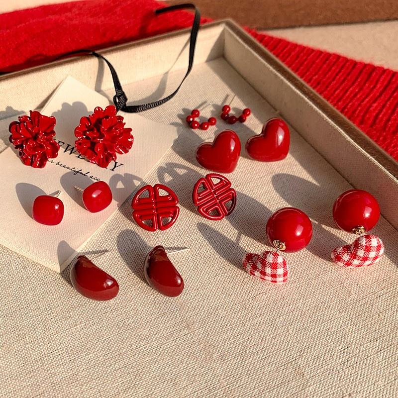 2025 Blooming Red Flower Stud Earrings for Women Elegant Simple Heart Geometry Earrings Aesthetics New Year Jewelry Gifts
