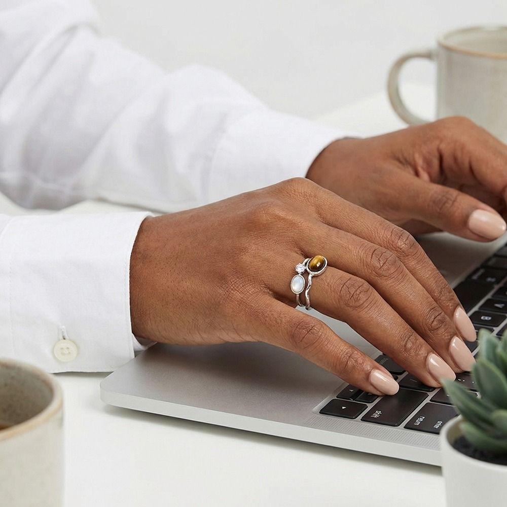Open Ring Zircon Double Layer Ring Brown Stone Geometric Resizable Ring  Aesthetic Accessories