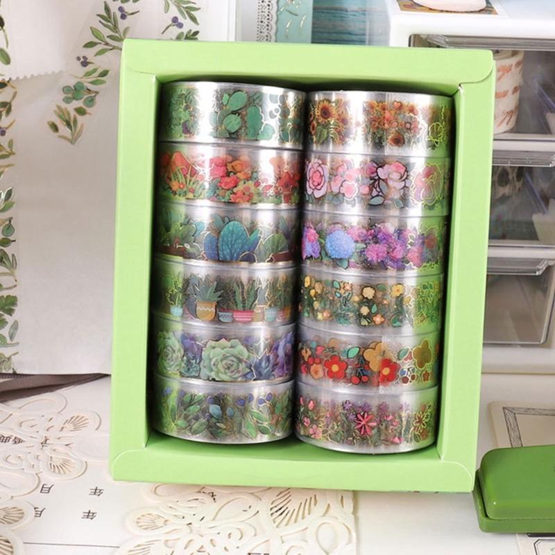 12 Rollen Blumendrahtband 15mmX2M Dekoband Ästhetisches PET-Band für Scrapbooking Journal Notizbuch Album Handyverpackung