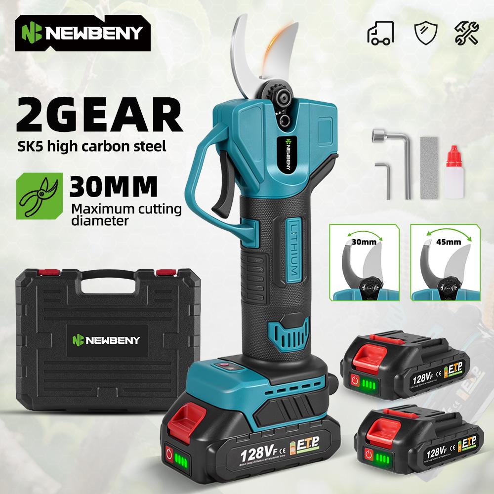 Newbeny 2 rychlosti 30mm elektrické zahradnické nůžky na prořezávání ovocných stromů, bonsají, akumulátorové prořezávací nůžky, elektrické nářadí pro 18V baterii Makita s kolíkem