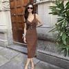 Retro Polka Dot Deep V-Neck Cinched Waist Midi Dress - European and American Vacation Style