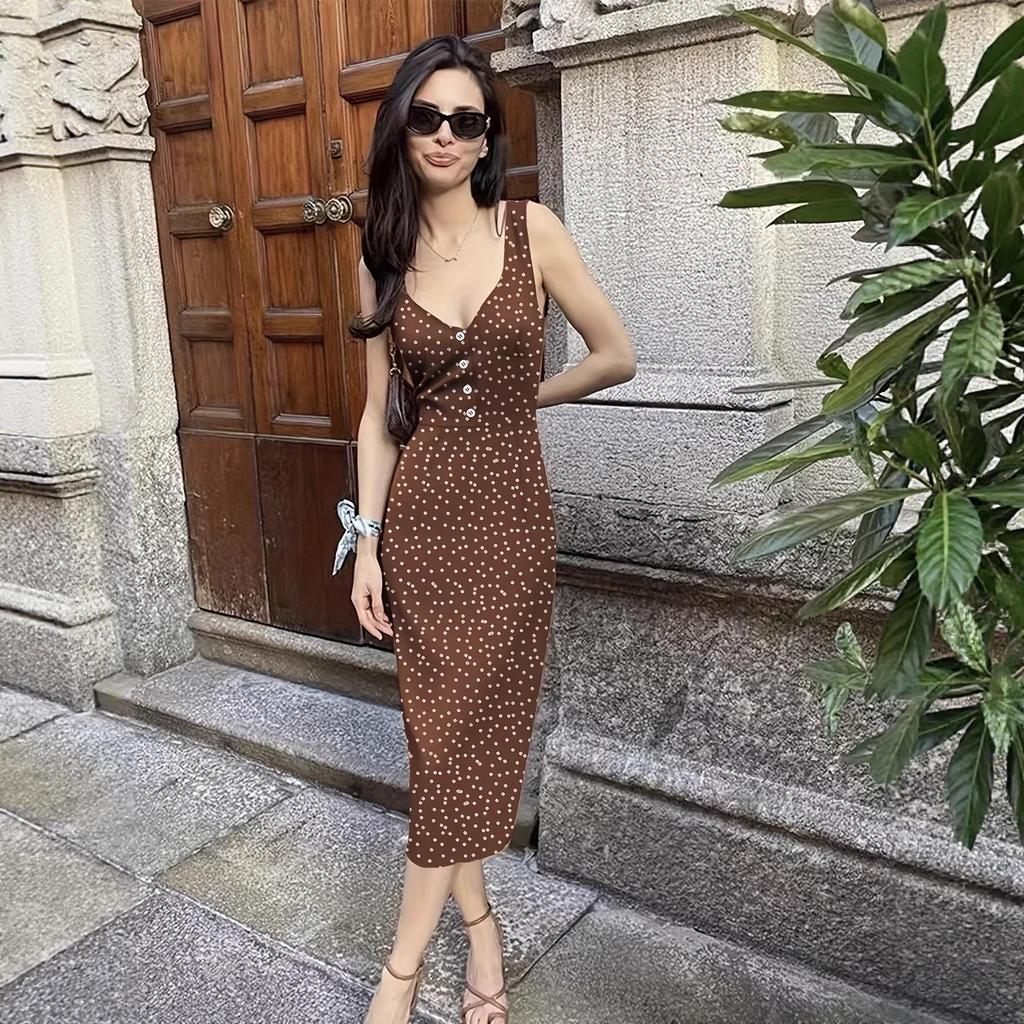 Retro Polka Dot Deep V-Neck Cinched Waist Midi Dress - European and American Vacation Style
