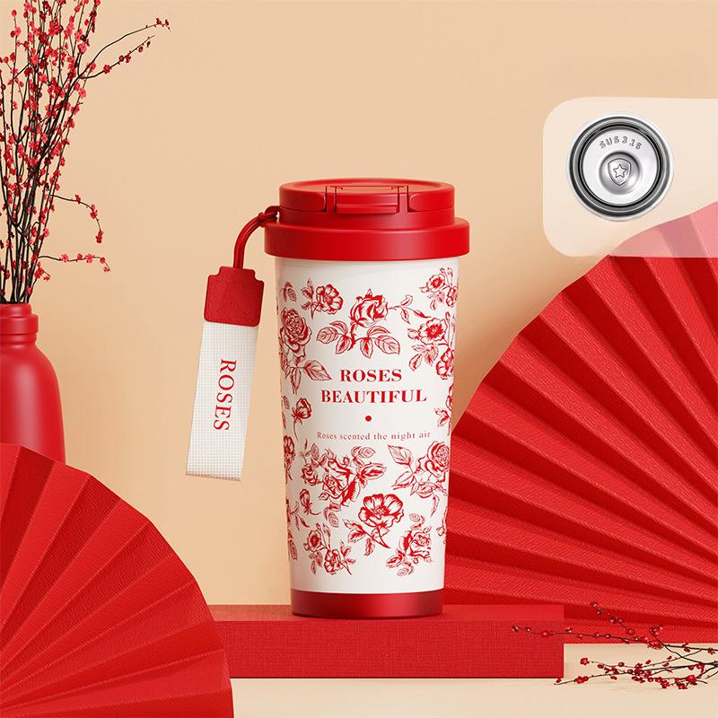 316 Lily the Valley Flower Coffee Cup Red Rose Flower Vacuum Cup Sport Water Cup Outdoor Safe Insulated Drinking Cup Coffee Mug