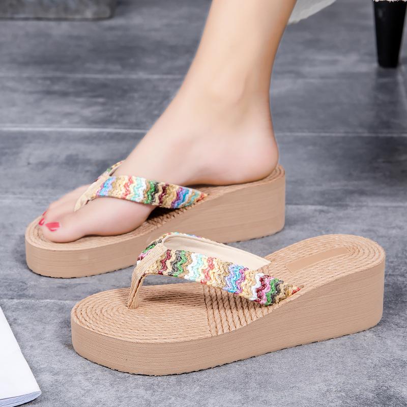Women Summer Faux Straw Wedge Slippers - Comfortable Thick Sole Beach Sandals