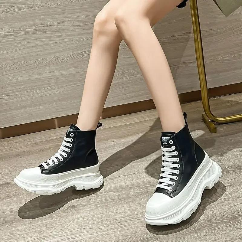 Fashion Woman Short Shoes With Laces Black Canvas Lace-up Booties Pu Autumn Hot Fashion 2024 Footwear New In Y2k Ankle Boots for Women