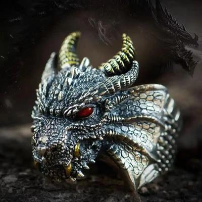 Ρετρό κυριαρχικό έθνικ στιλ Fire-Breathing Dragon Ring Ανδρικό γούρι ανοιχτό δαχτυλίδι πανκ μοτοσικλέτας κοσμήματα αξεσουάρ
