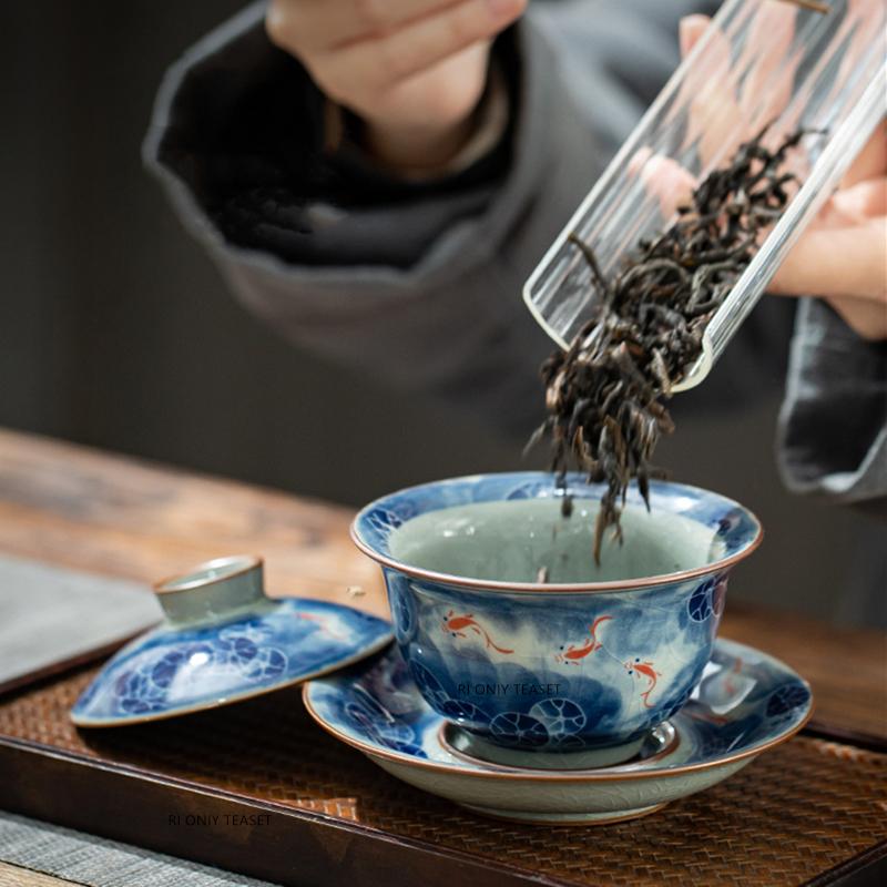180ml Chinese Antique Ceramic Gaiwan Handmade Lotus Fish Tea Tureen Travel Portable Tea Bowl Household Teaware Accessories