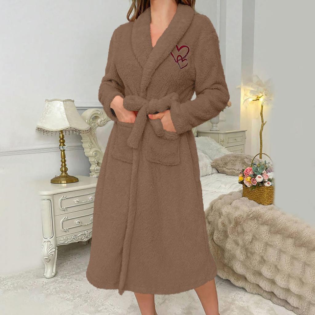 Women's -Color Long-Sleeve /Winter Warm Bathrobe Plush Homewear Robe Homewear Set