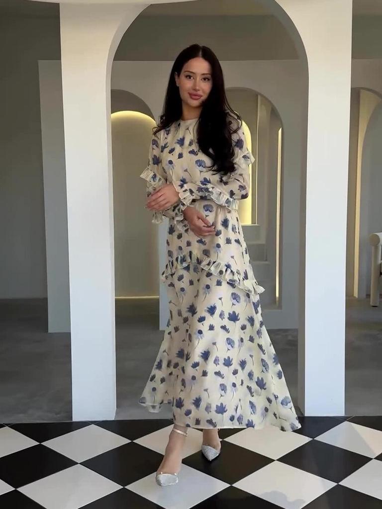 2024 Floral Print Women's Dress - Gentle Style, Round Neck, Long Sleeve, with Ruffles