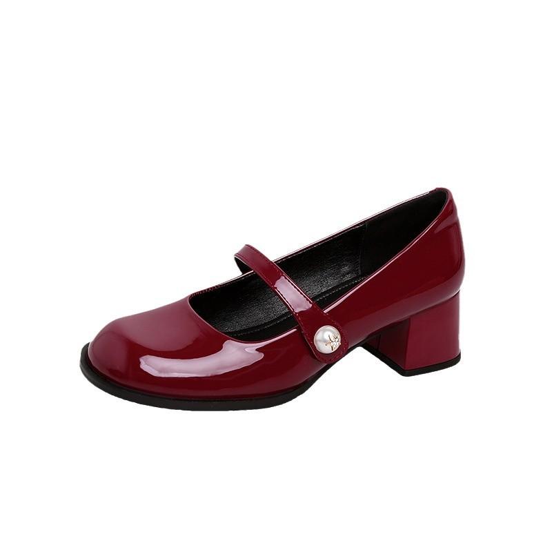 Su Yinyin has the same style as Barbie~ Korean round head pearl red thick heel single shoes Mary Jane shoes women's small leather shoes
