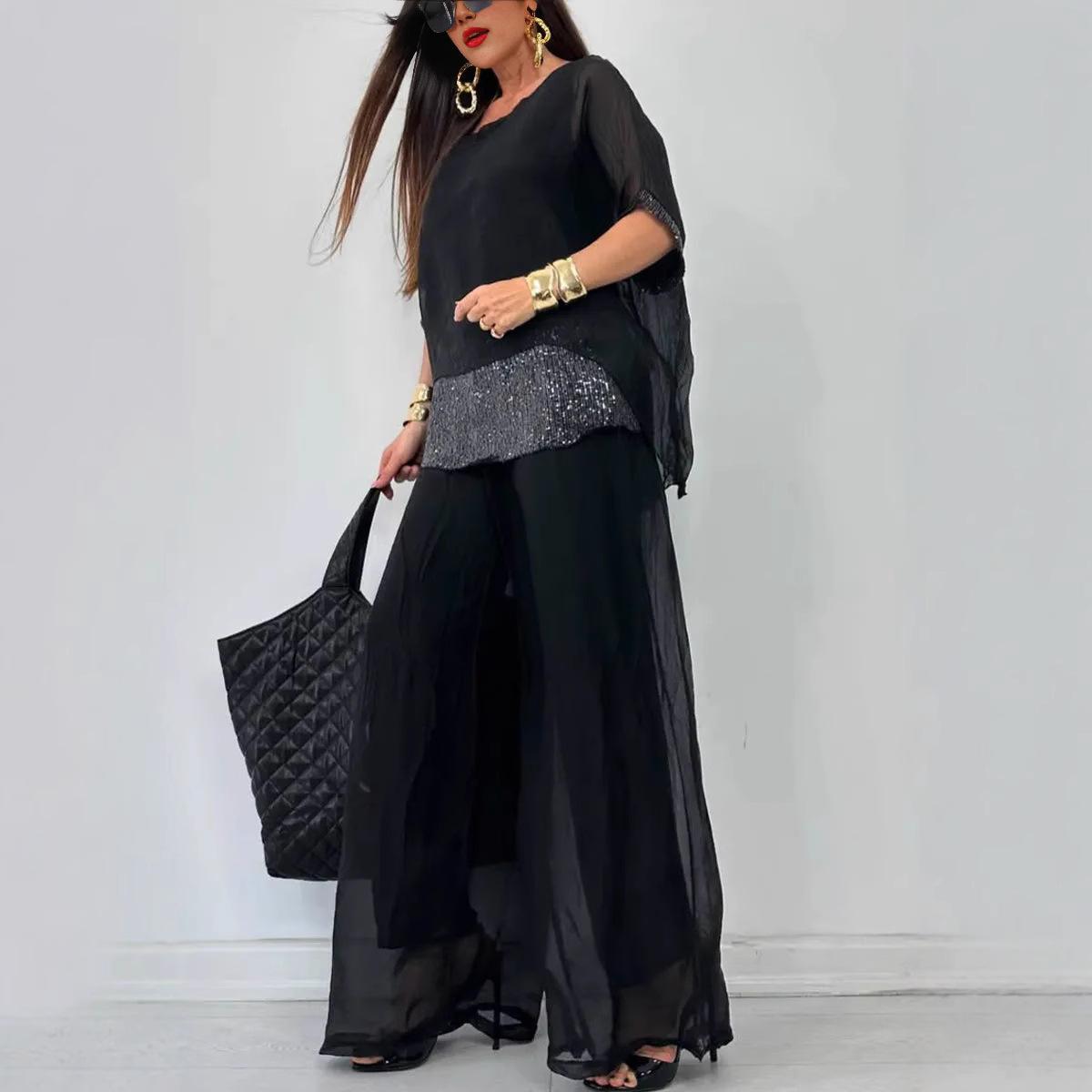 

Летний модный однотонный шифоновый костюм для женщин, повседневный, с круглым вырезом, рукавами «летучая мышь», топом с пайетками и брюками широкого кроя, комплект из двух предметов XXXL чёрный