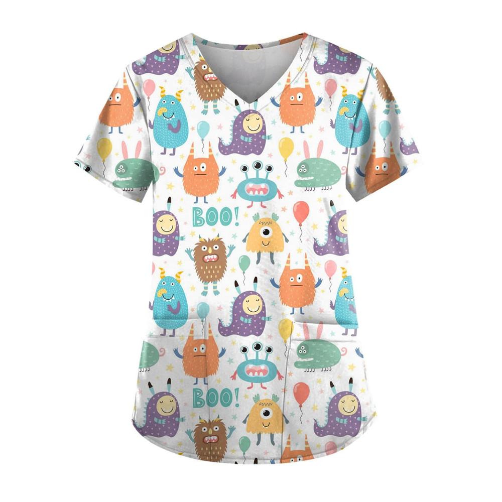 Women's Clothing Cartoon 3D Print V-neck Women's Working Clothes Tops Short Sleeve With Pockets Carers Medical Nurse Uniform