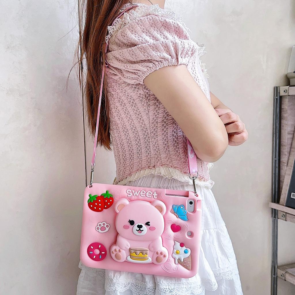 Cute Strawberry Bear Case for iPad Applicable to Samsung tablet and Redmi pad 2 SE 9.7 8.7 11" silicone case with pen slot Cute girl Kids tablet case