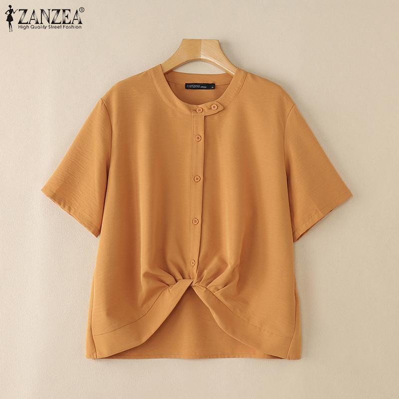 

ZANZEA Женская повседневная блузка с круглым вырезом, короткими рукавами и перекрученным дизайном, однотонная 5XL жёлтый