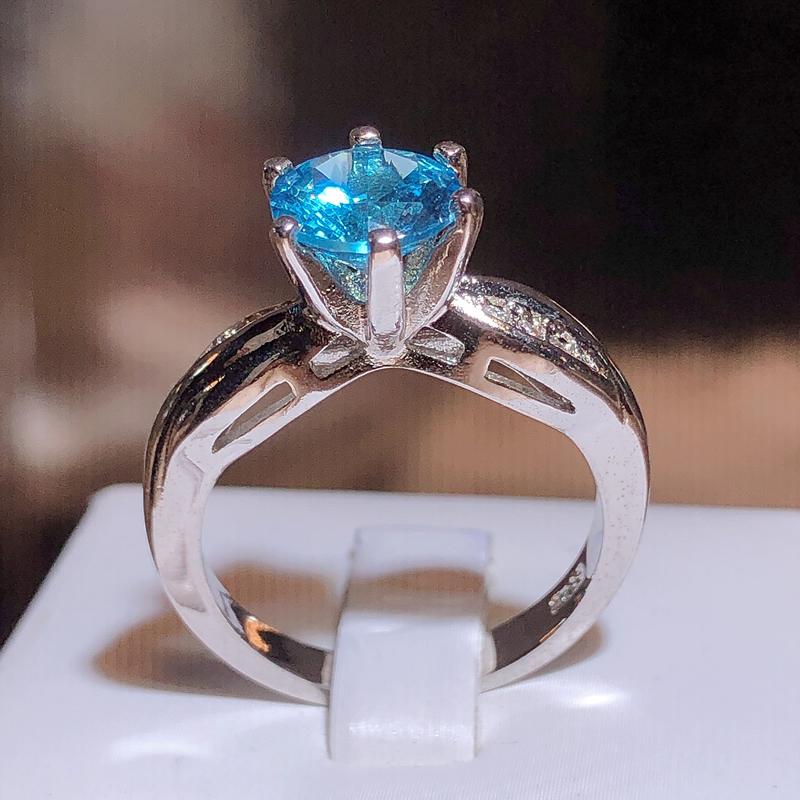 New Inlaid Topaz Sky Blue Round Zirconia Ring Female Fashion Jewelry Party Birthday Gift