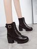 Autumn new single boot lace up black round toe thick heel high-heeled belt buckle women's short boots trend