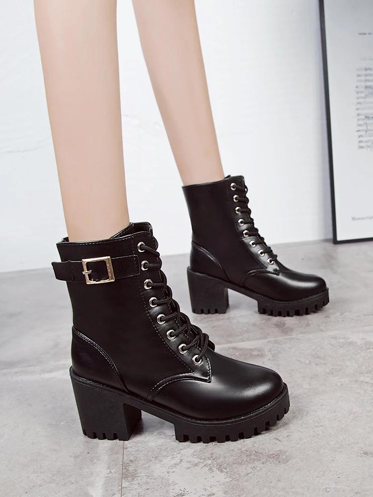 Autumn new single boot lace up black round toe thick heel high-heeled belt buckle women's short boots trend