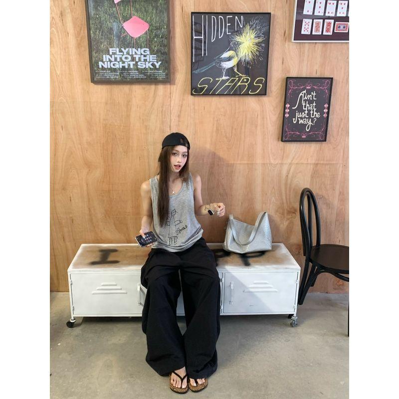 Kumikumi Idle Style Gray Printing Vest Camisole Women's Summer Loose Slim Looking Casual Pants Pants Two-piece Set