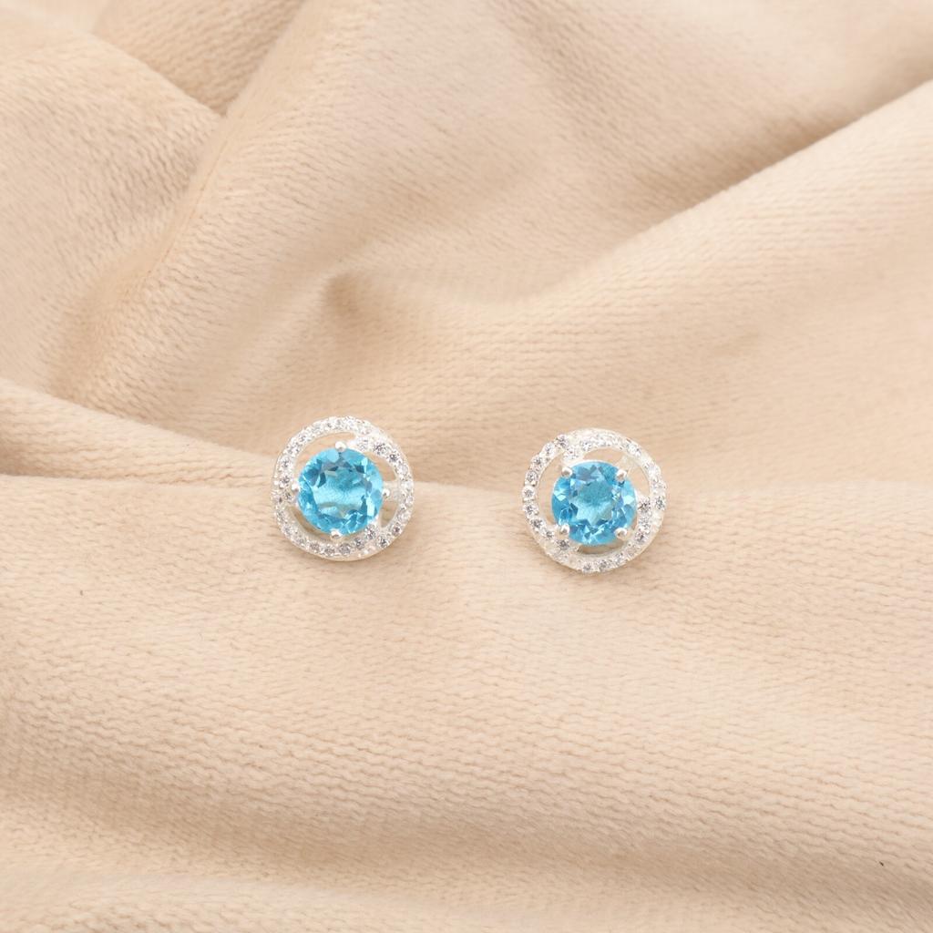 Swiss Blue Topaz Gemstone 925 Sterling Silver Zircon Studs Boho Earrings For Her CZE-8-1