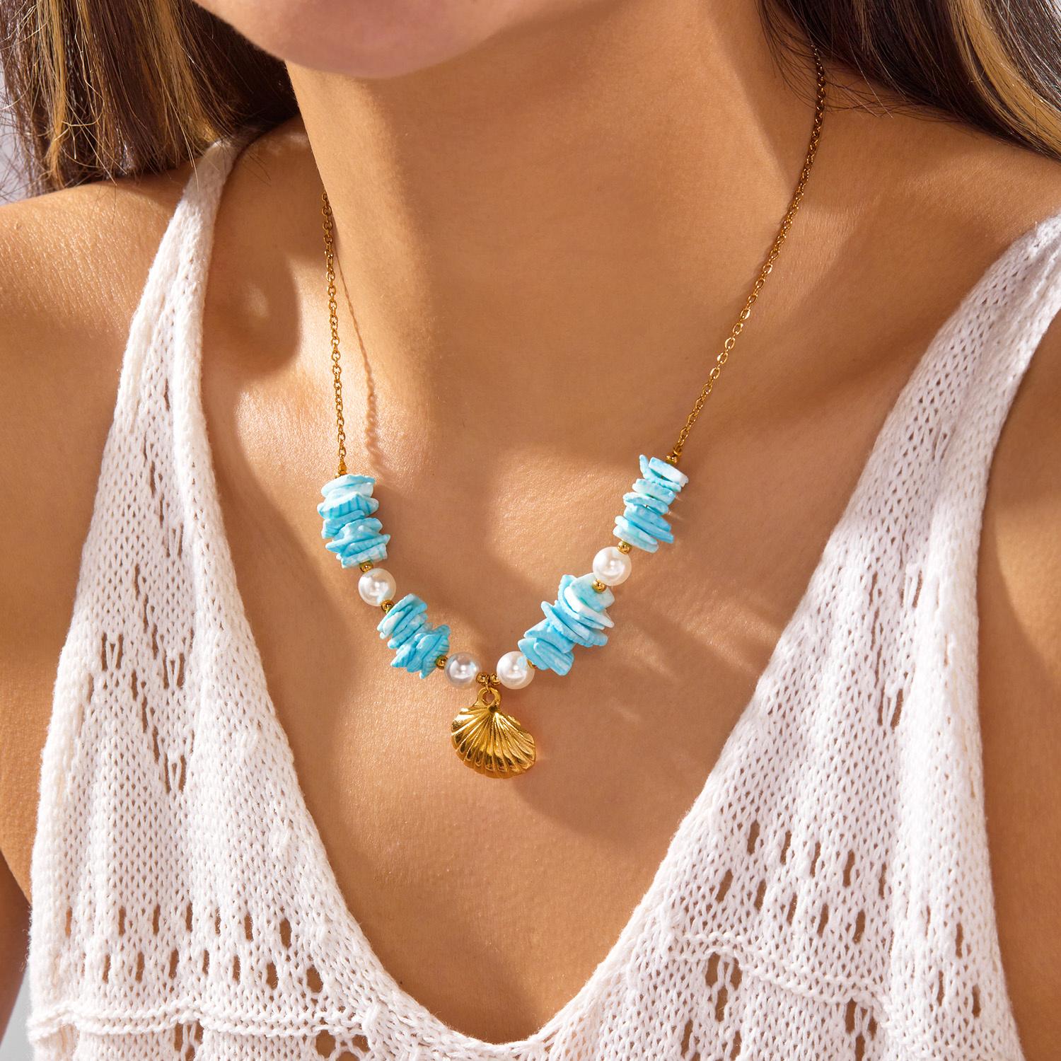 

Summer Beach Shell Starfish Pendant Necklace For Women Multicolor Irregular Stone Pearl Scallop Choker Boho Vacation Jewelry