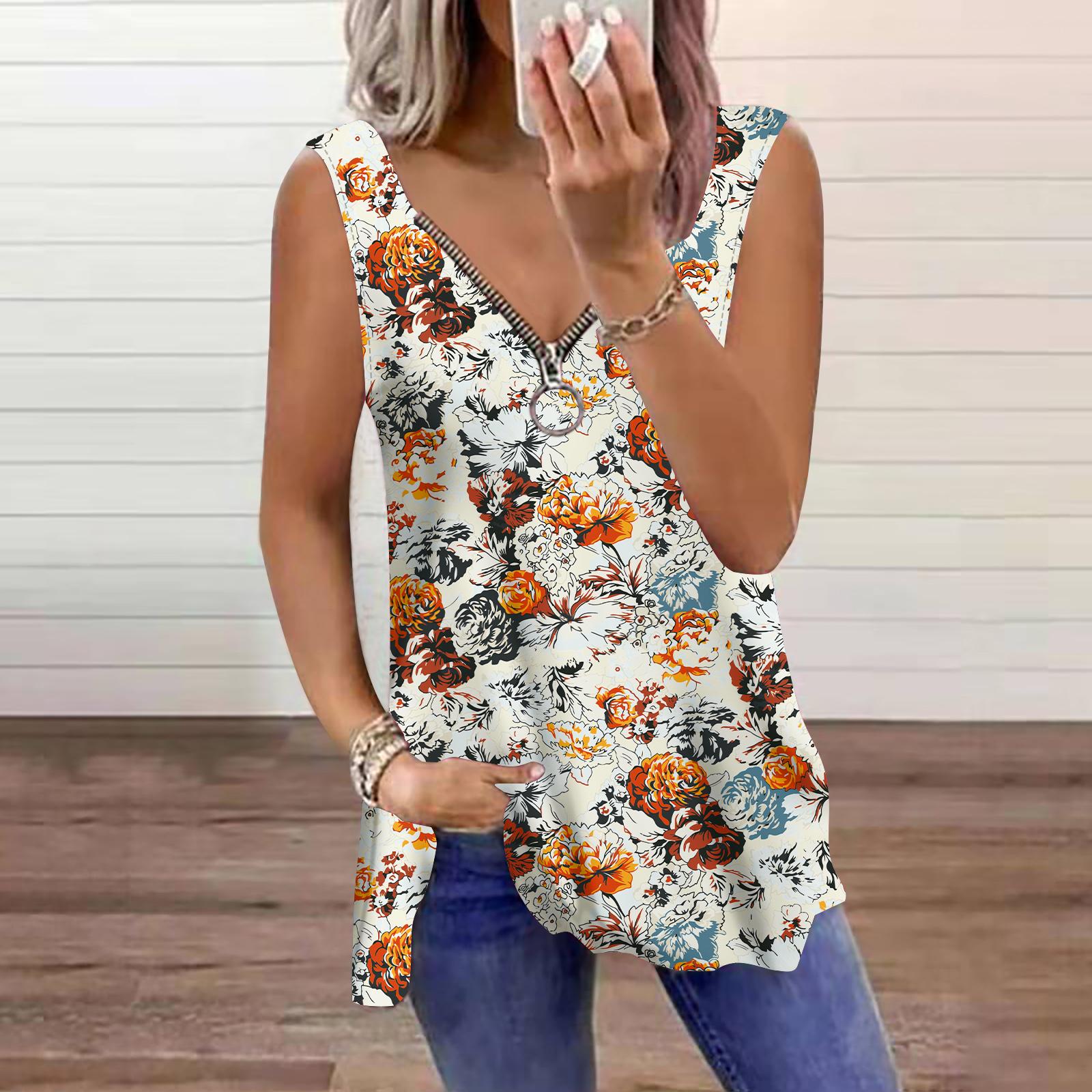 

Женский топ, летний, повседневный, с принтом радужных роз, большого размера, без рукавов, на молнии, с V-образным вырезом, майка 8XL оранжевый
