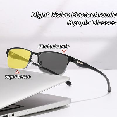 Men Half Frame Night Vision Photochromic Myopia Glasses Day and Night Anti-blue Light Eyewear Business Yellow Lenses Glasses
