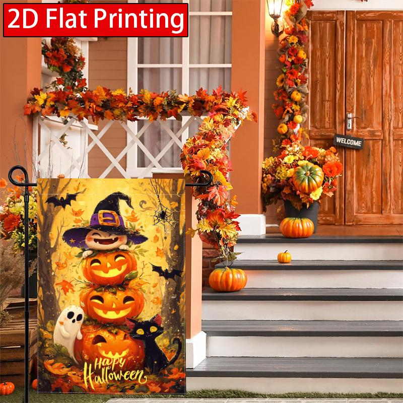 2D Flat - 2D Flat - 2D Flat Triple Layered Placement of Wizard Pumpkin Ghost Black Cat Halloween Garden Flag 2-28X40 Inches Outdoor Garden Flag Double