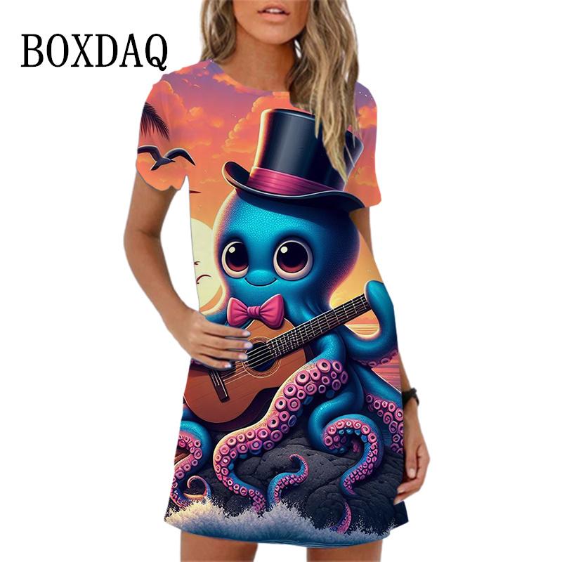 

Women Dress Streetwear Clothing Casual Loose Short Sleeve O-Neck Mini Dress Fish Octopus Crabfish Pattern Woman Dresses S