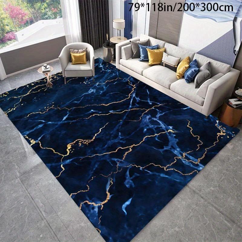 Luxurious Velvet Nordic Marble Area Mat Deep Blue Golden Veining Non Slip Backing Machine Washable Living Room Bedroom Office