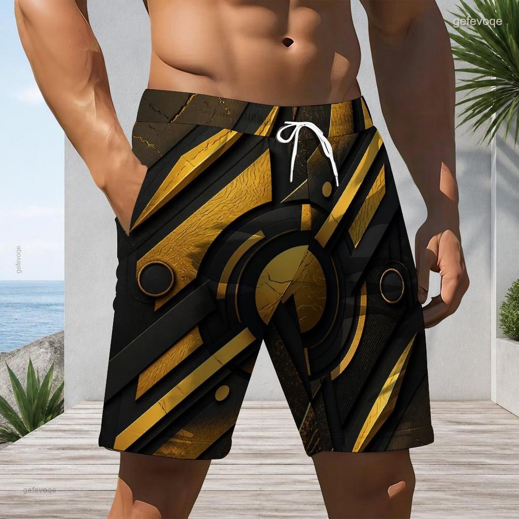 Men Plus Size Green Black Printed Beach Shorts Drawstring Waist Side Pockets Straight Leg