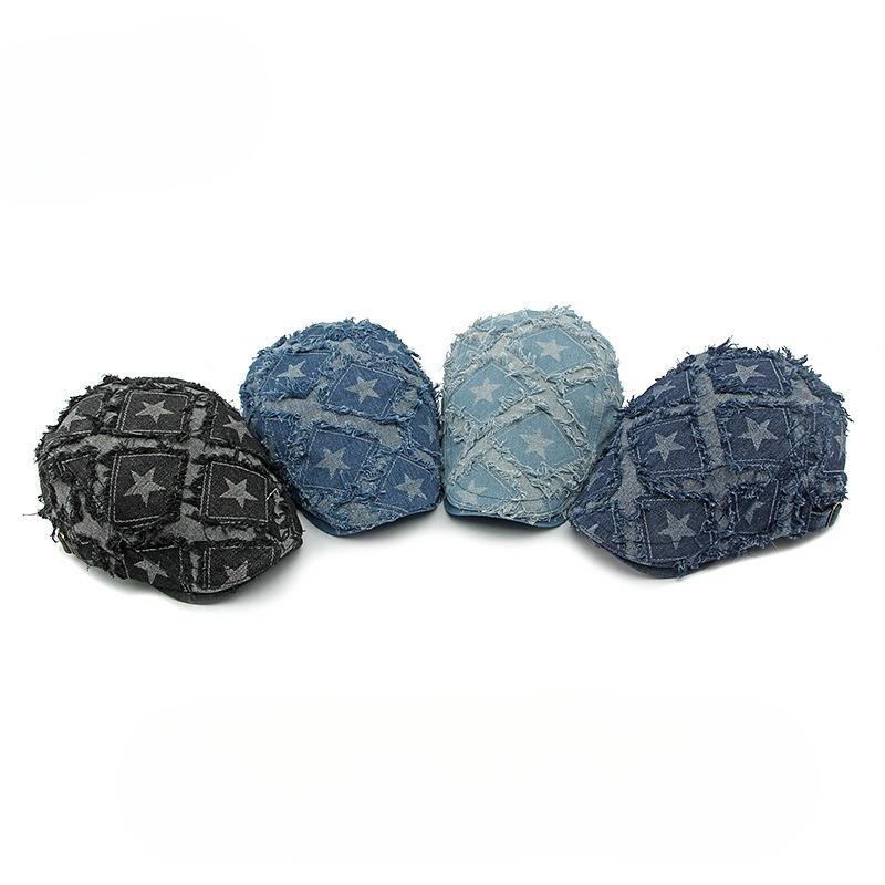 Vintage Star Print Distressed Denim Beret for Men Women Frayed Edge Streetwear Flat Cap Retro Newsboy Hat Adjustable Peaked Cap Individual Style