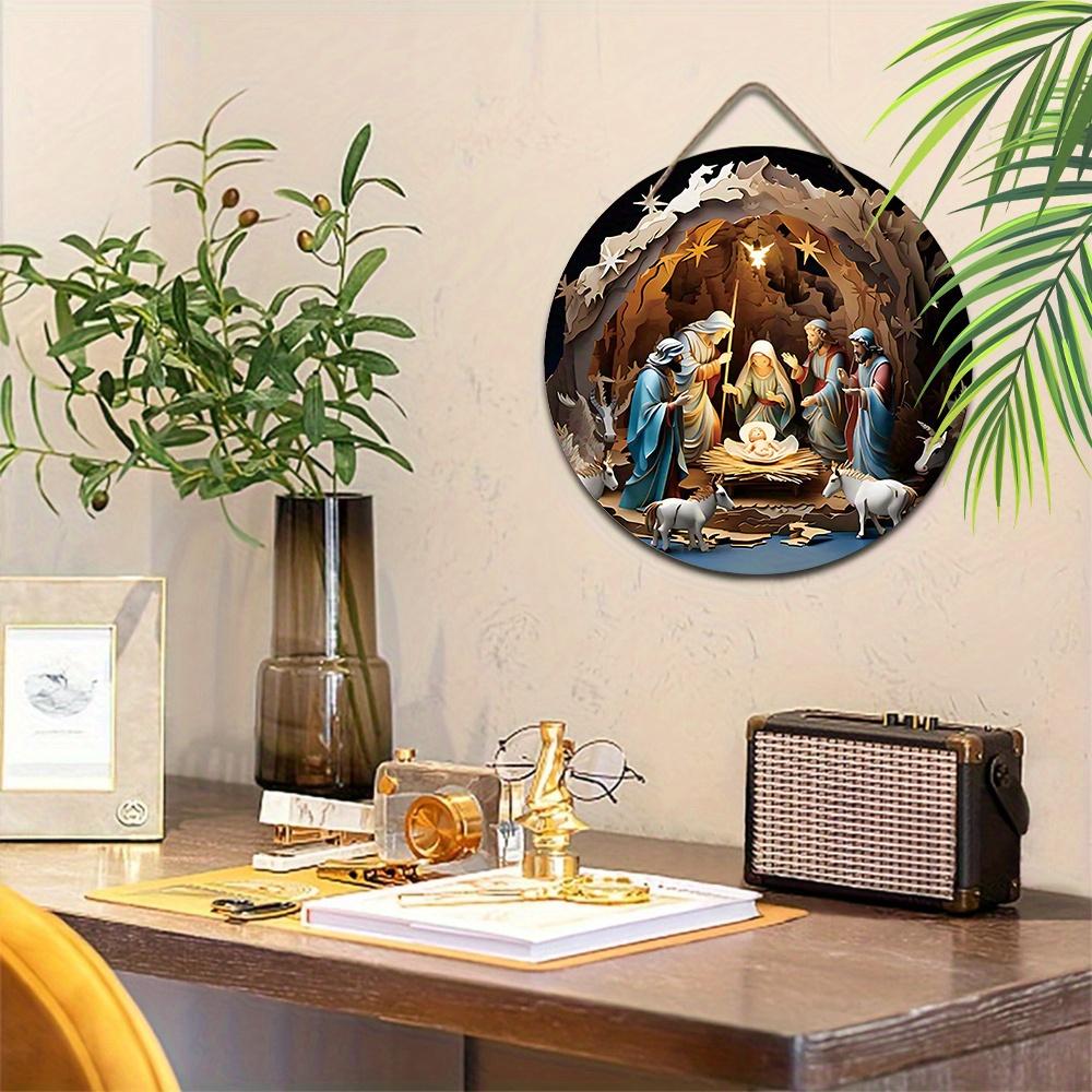 Nativity Scene Wooden Sign 2D Relief Effect Design Jesus Born Wreath Sign for Church Wall Door Hanging Decor Ideal Gift