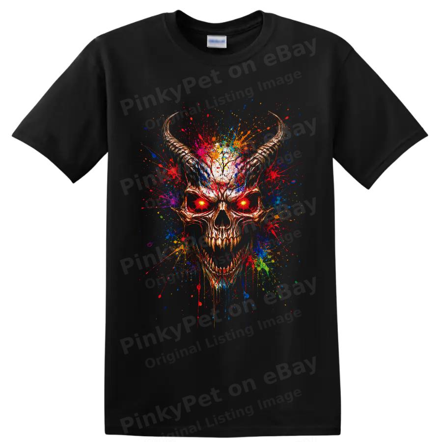 Demon Skull T Shirt w/ Neon Paint Splatter Gothic Horror Art Graphic Tee Print