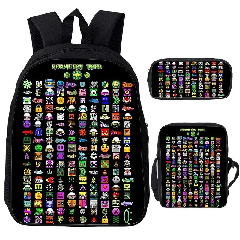 Angry Geometry Dash Cartoon Print Children Backpack 3Pcs Set Boys Girls School Bags Large Capacity Bookbag Back To School Gifts