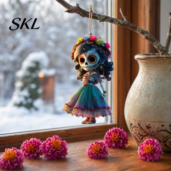 Reusable Halloween Decoration Day of The Dead Hanging Skeleton Decoration, 2D Flat Wooden Of Decor Ornament with Dress for Tree Mexican Holiday Party