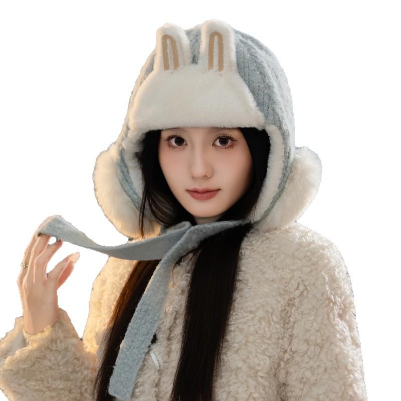 Sweet and Versatile Three dimensional Rabbit Ear Plush Lei Feng Hat Autumn and Winter Outdoor Leisure Windproof Ear Protection Hat Cute Warm Hat