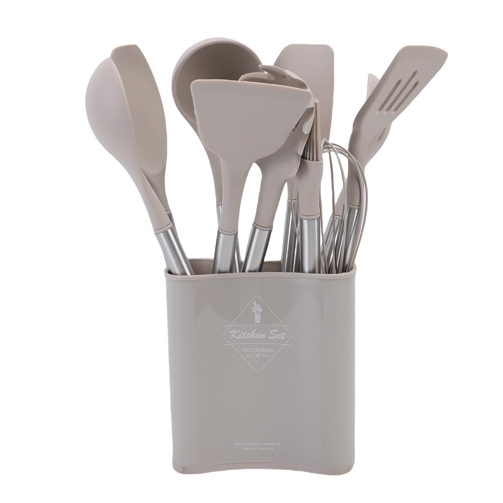Kitchen Utensils Set Silicone Stainless Steel Heat Proof Spatula Spoon Kitchen Gadgets Tools with Drainer and Holder