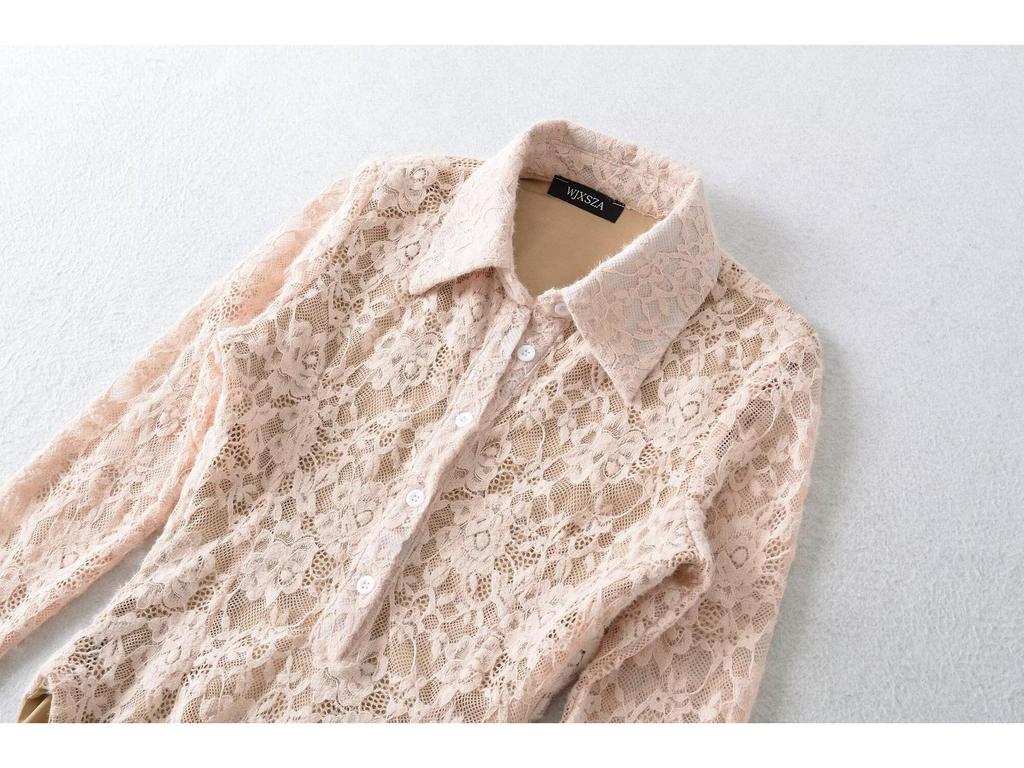 American Spicy Girl Slim-fit Floral Lace Jumpsuit - Embossed Long-Sleeve Lapel (2025)