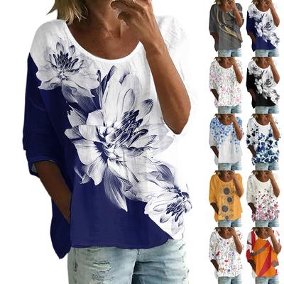 Blusa Casual Feminina de Moda Manga Três-Quartos Solta Gola Redonda Estampa Floral