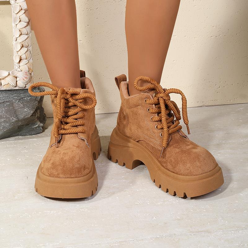 Big Toe British Style Chunky Heel Thick Sole Short Tube Lace-up WomenAutumn New Retro Slimming Yellow Boots