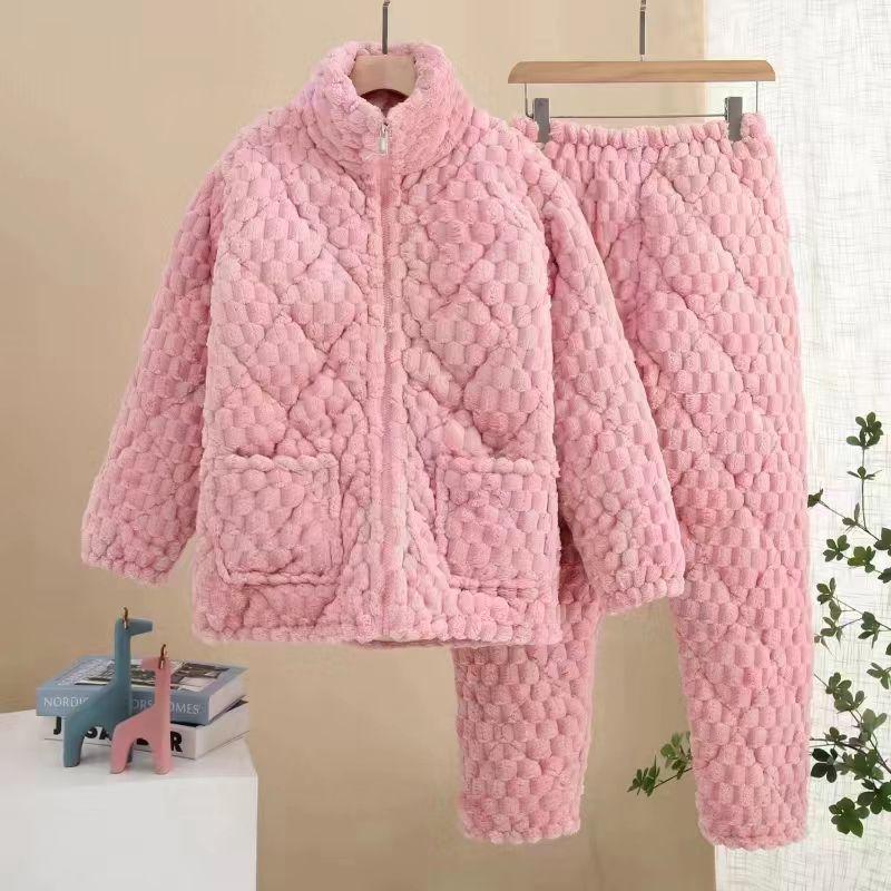 Three-Layer Fleece-Lined Quilted Winter Pajama Set for Elderly Women - Warm Coral Fleece Home Wear & Outerwear
