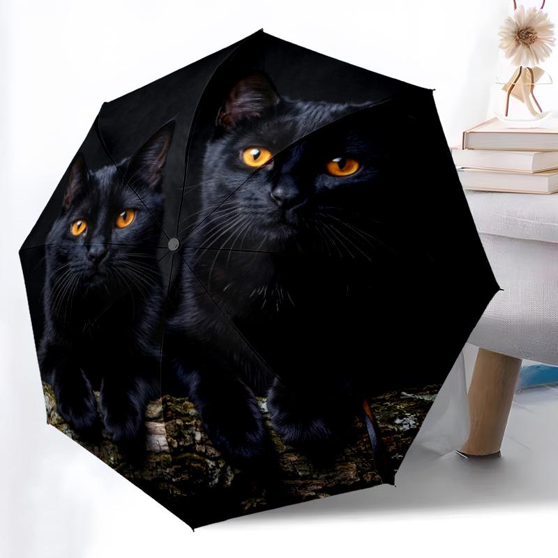 1pc Sturdy 8-Bone Auto Umbrella, Adorable Black Feline Pair Umbrella, Digital Printed, Foldable Umbrella for On-the-Go Outdoor Use