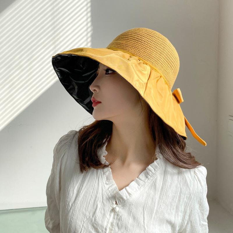 

Meier Bowknot straw hat - women s summer outing black glue wide brim sun hat One size fits all жовтий
