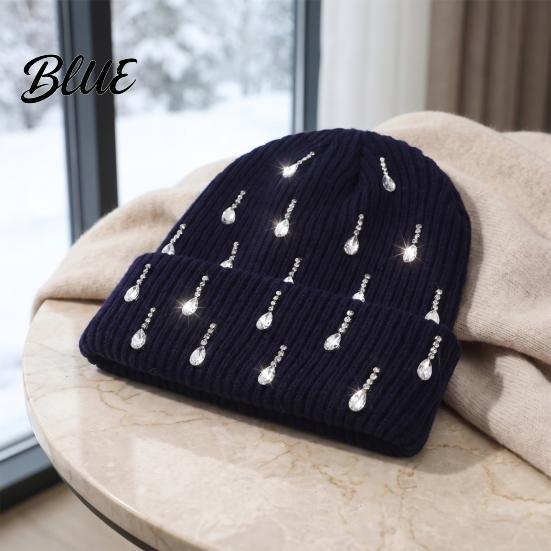 Holiday Gift for Women Waterdrop Rhinestone Knit Hat, Bling Stretchy Winter Cuffed Knitted Stylish Hat Skull Cap Men Cold Weather Daily Wear