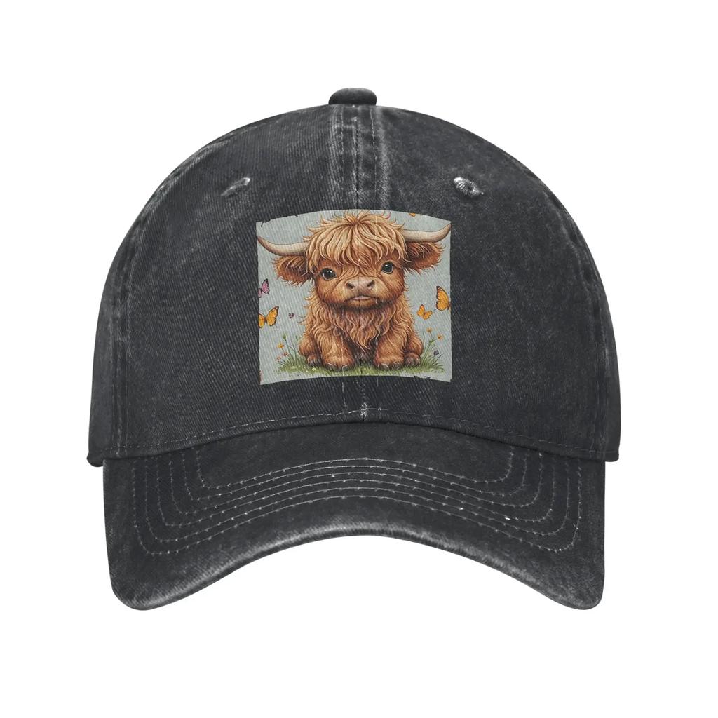 Highland Cow Cartoon Animal Denim Fabric Cap Casual Baseball Caps Adjustable Hat Summer Unisex Baseball Hats