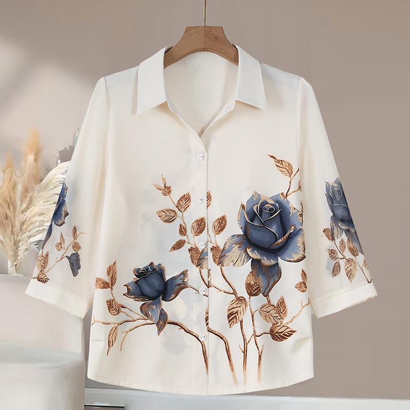 

Elegant Summer Blouse: Slimming Lapel Print with Five-Point Sleeves for Mature Women 3XL (for 120-135 lbs)